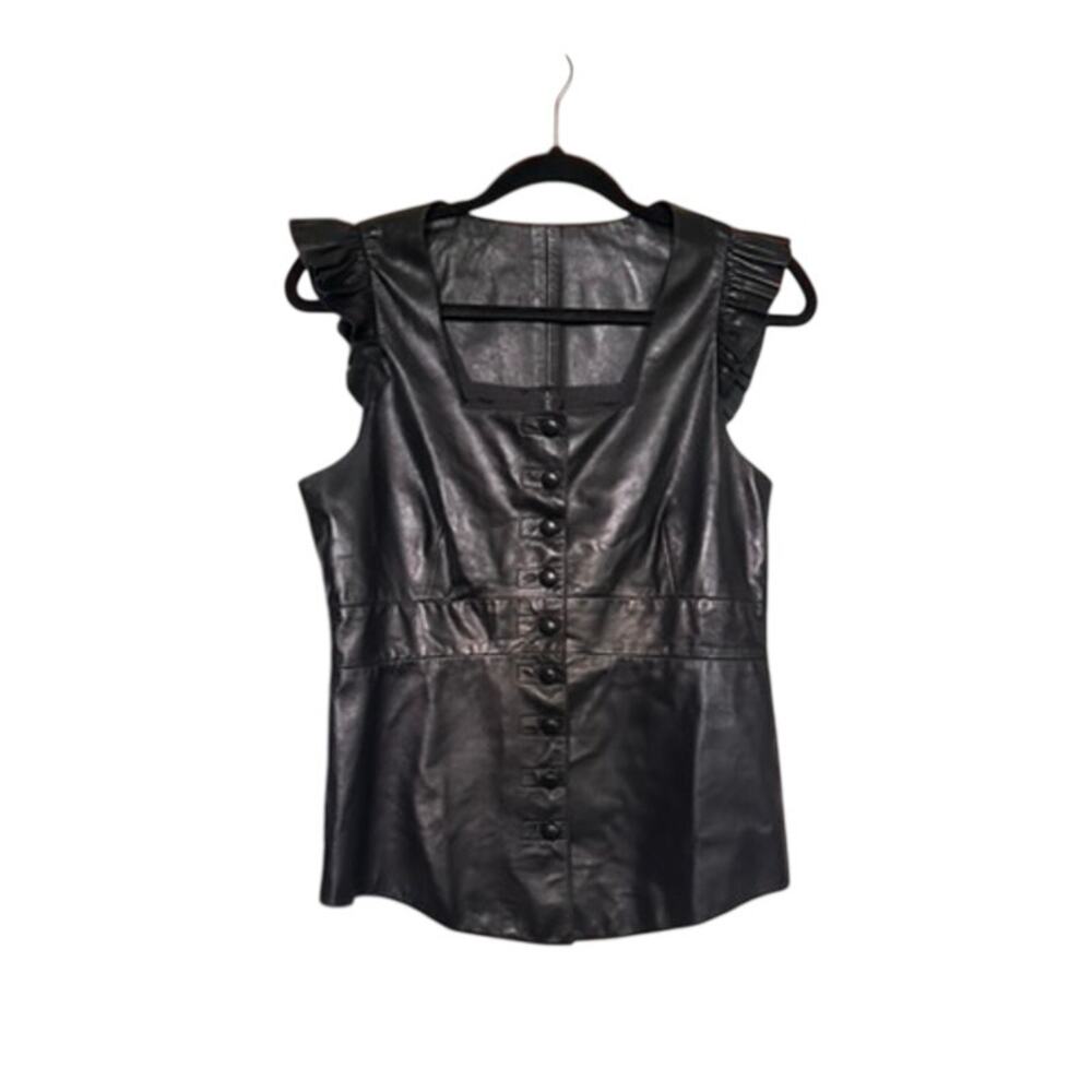 : Vintage Katayone Adeli Black Goatskin Leather Ruffle Cap Sleeve Top Vest Sz 8